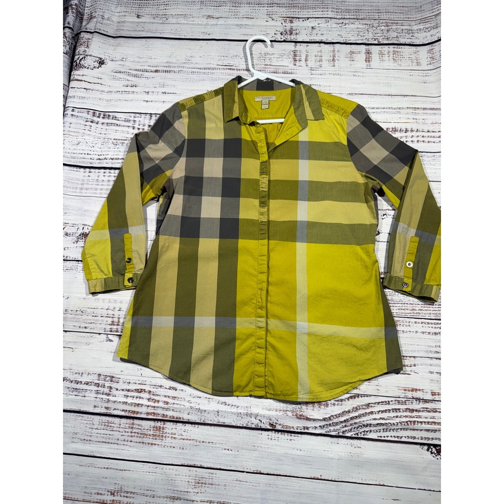 Burberry Brit Womens Yellow Grey Large Check Cotton Button Down Shirt Size L